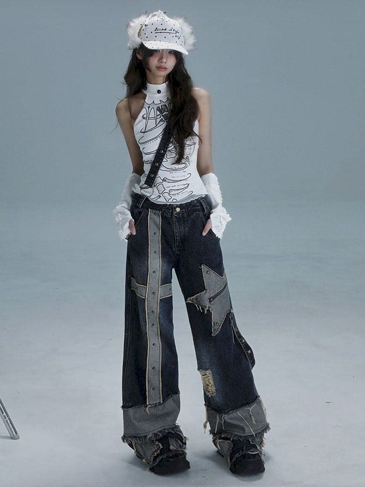 Raw edge studded casual denim pants - view 2
