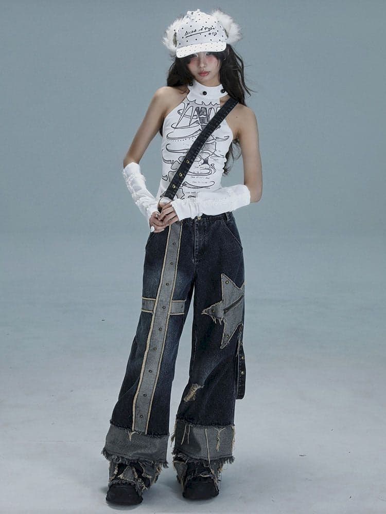 Raw edge studded casual denim pants - view 3