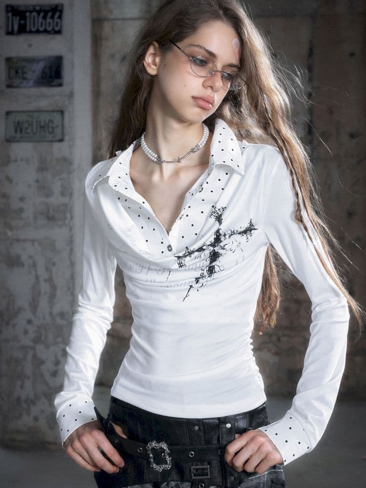 Plaid Tie-Dye Black Swing Neck Long Sleeve Blouse - view 3