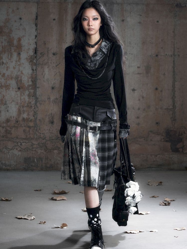 Plaid Tie-Dye Black Swing Neck Long Sleeve Blouse - view 5