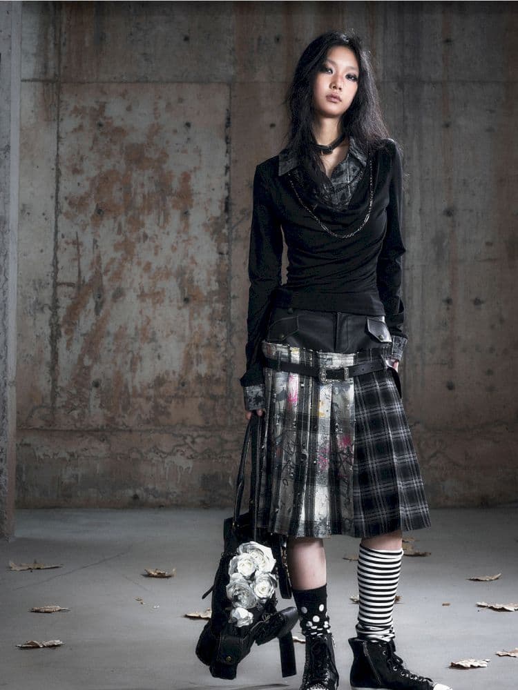 Plaid Tie-Dye Black Swing Neck Long Sleeve Blouse - view 8