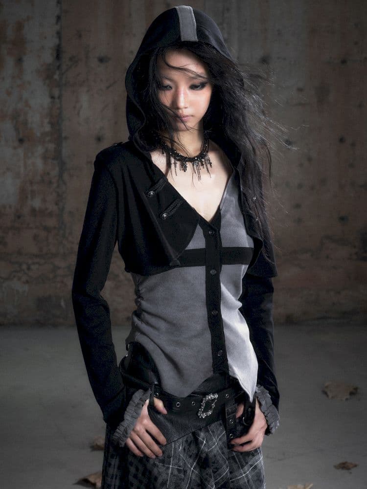 Hooded False Two Black Gray Knit Cardigan - view 1