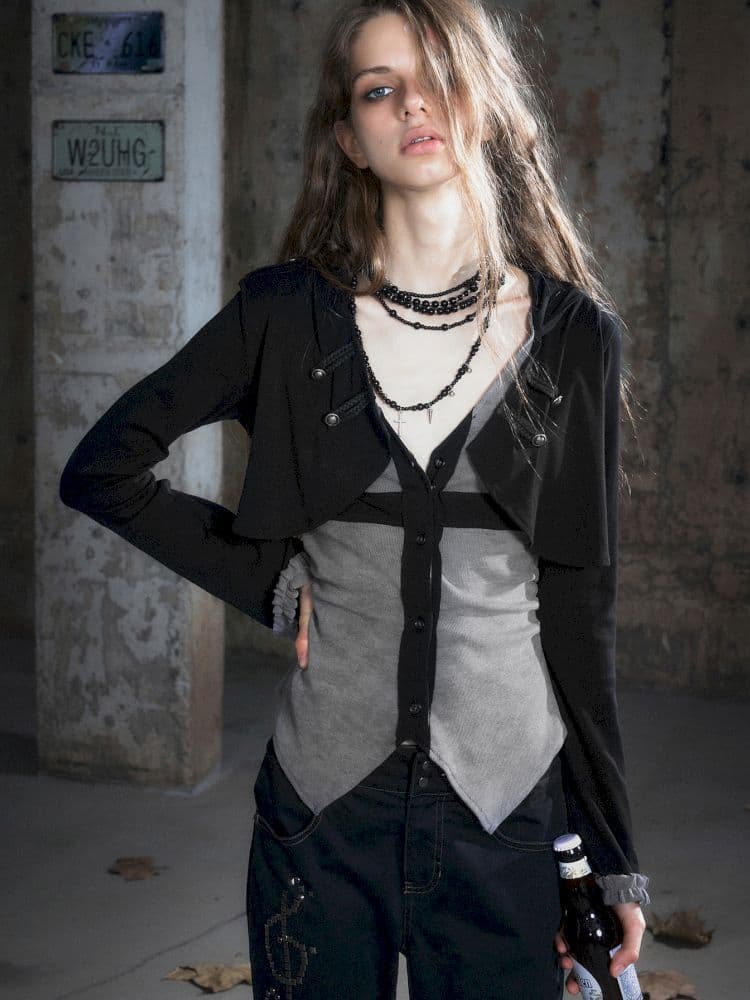 Hooded False Two Black Gray Knit Cardigan - view 2