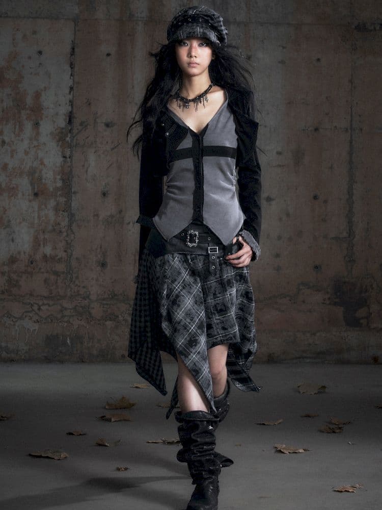 Hooded False Two Black Gray Knit Cardigan - view 3