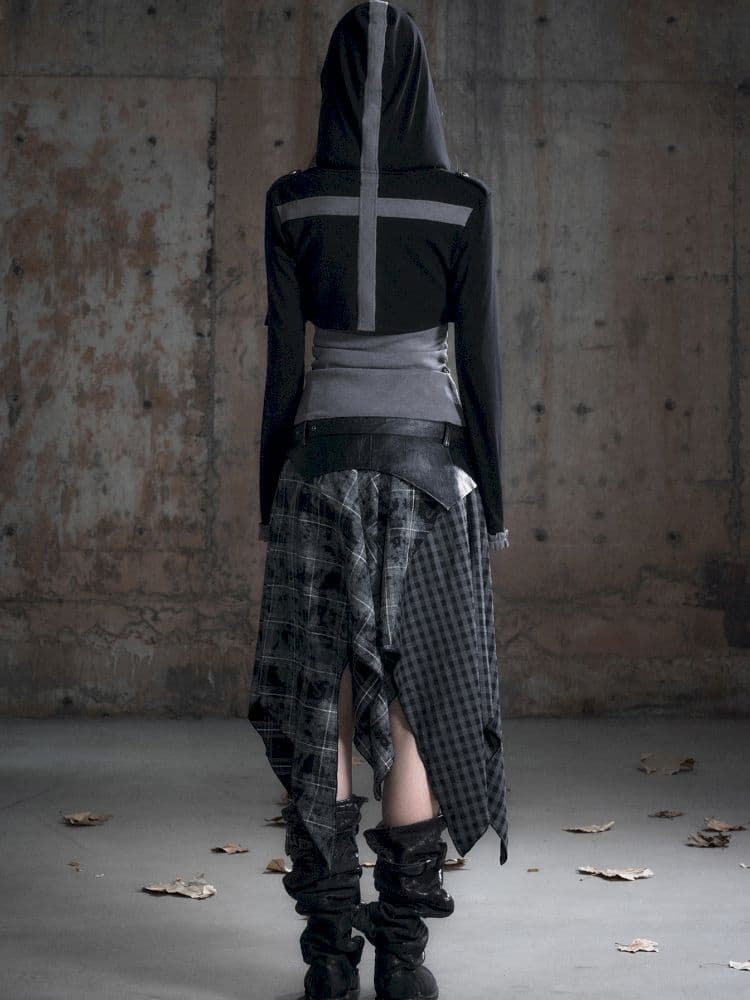 Hooded False Two Black Gray Knit Cardigan - view 4