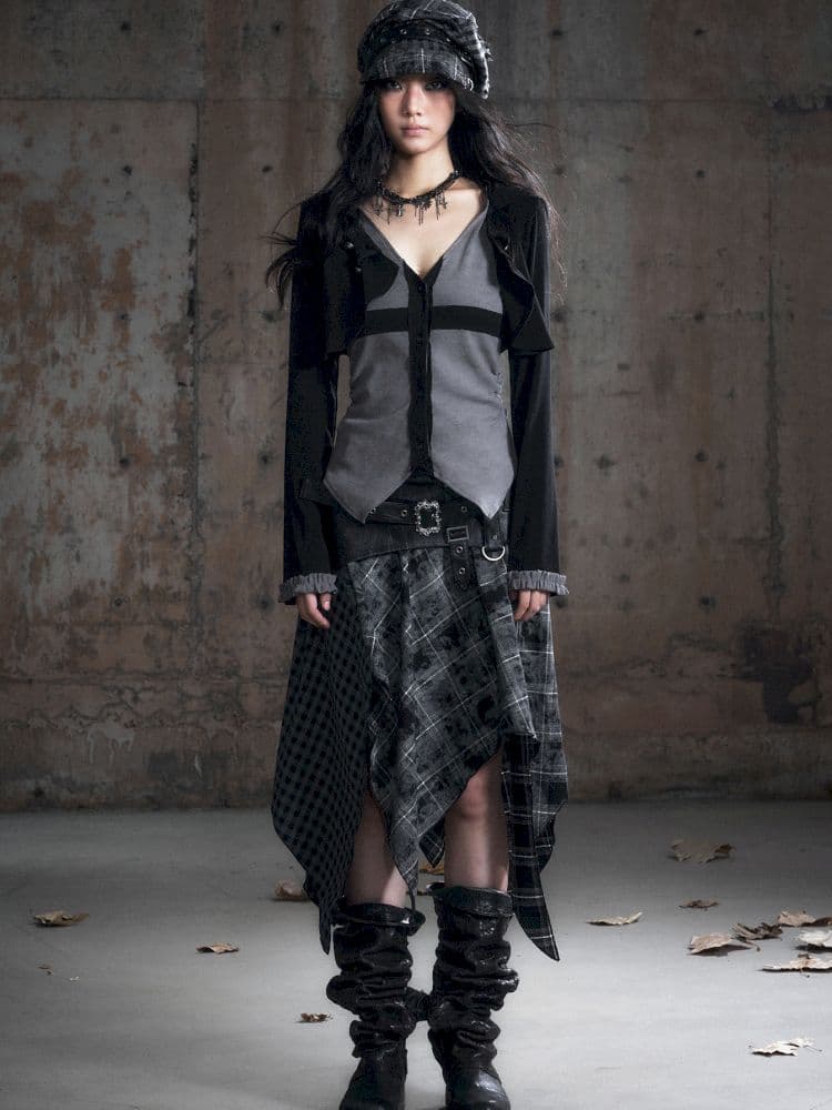 Hooded False Two Black Gray Knit Cardigan - view 5