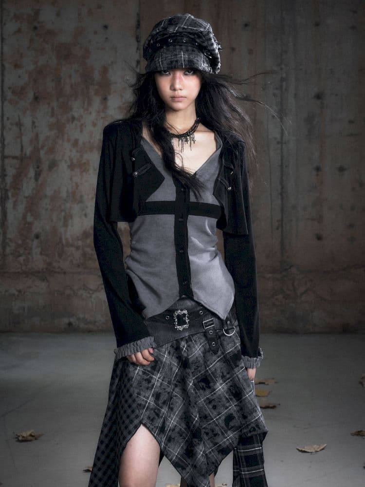 Hooded False Two Black Gray Knit Cardigan - view 6
