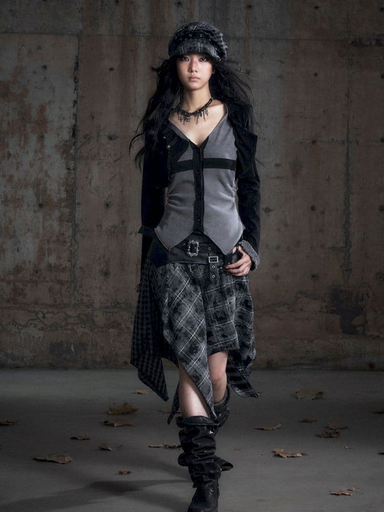 Hooded False Two Black Gray Knit Cardigan - view 7
