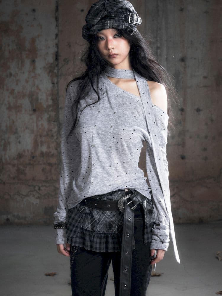 Cross Print Long Sleeve Knit Slouchy T-Shirt - view 2