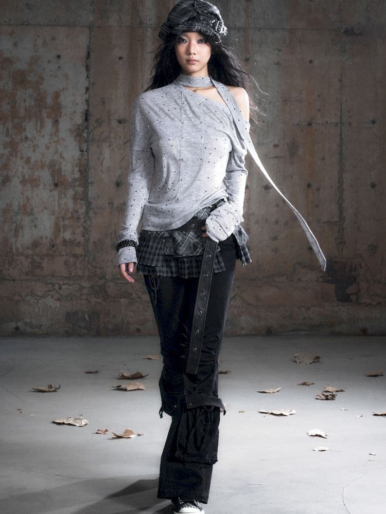 Cross Print Long Sleeve Knit Slouchy T-Shirt - view 5