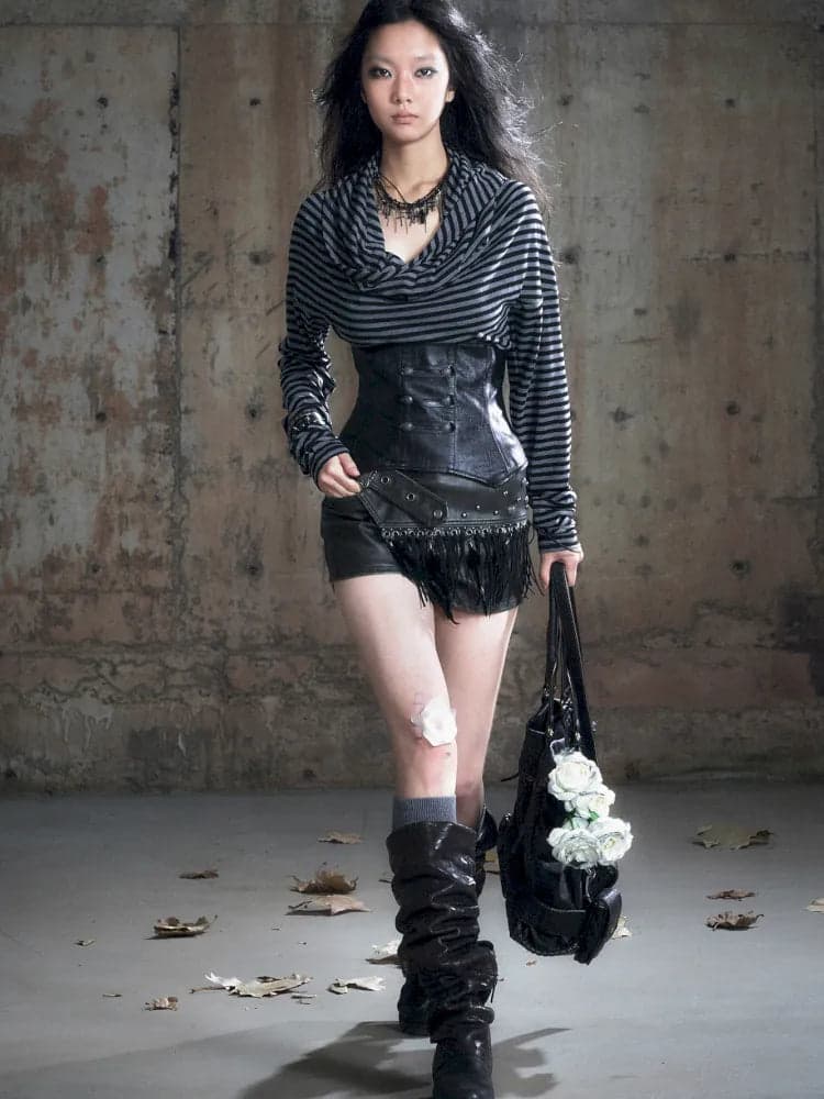 Patchwork Striped Collar Knit Top - view 2