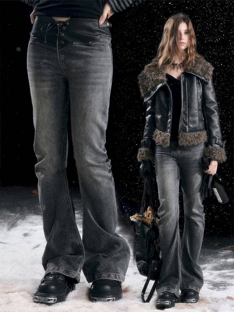 Leather-Trimmed Patchwork Pleated Jeans - view 1