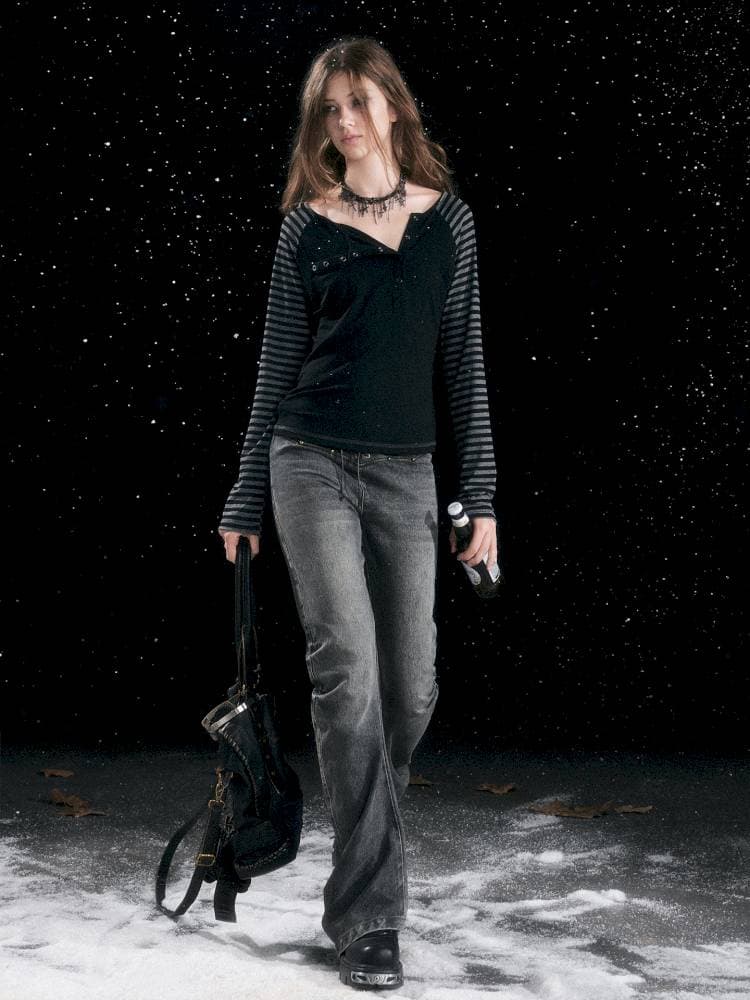 Leather-Trimmed Patchwork Pleated Jeans - view 3