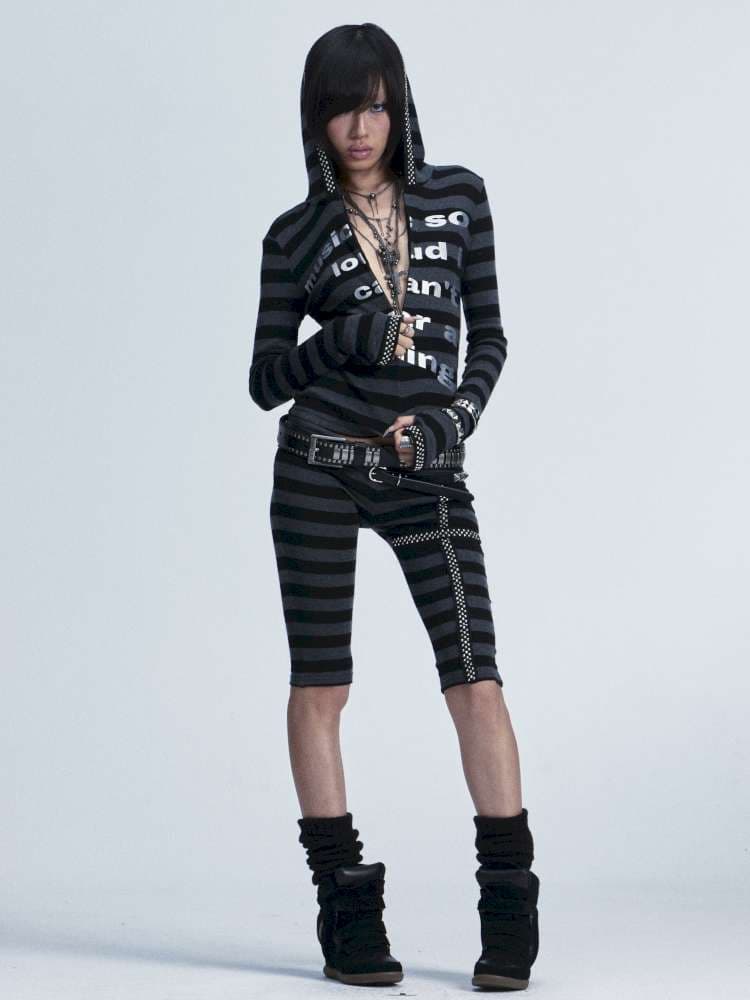 Black Gray Striped Stud Top Set - view 1