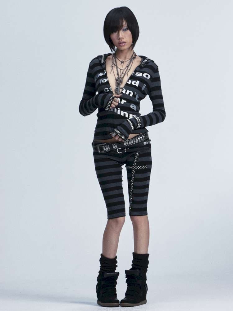 Black Gray Striped Stud Top Set - view 4