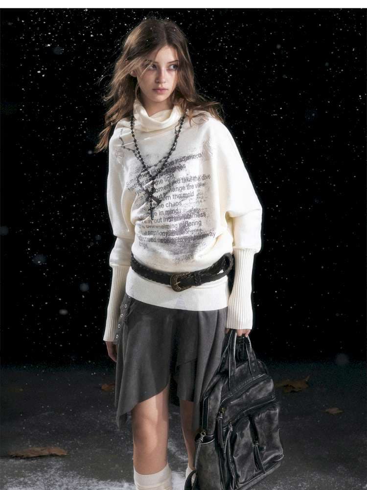Graffiti Bat Sleeve Pleated Sweater - view 8