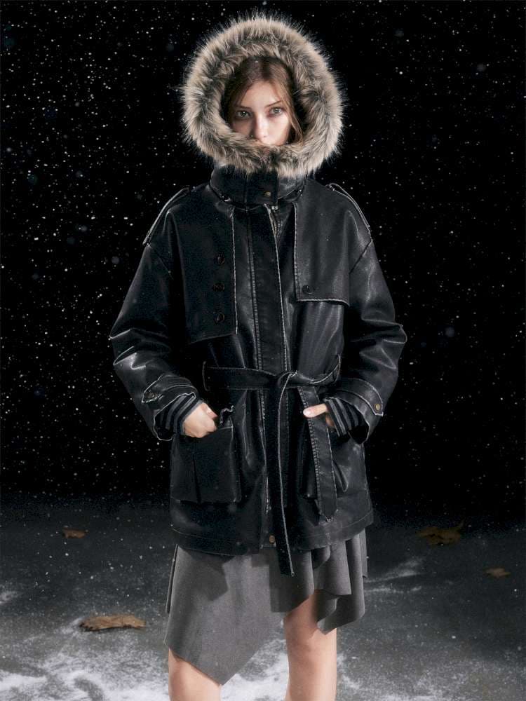 Heavy Industry Fur Collar Distressed Hooded Coat - view 1