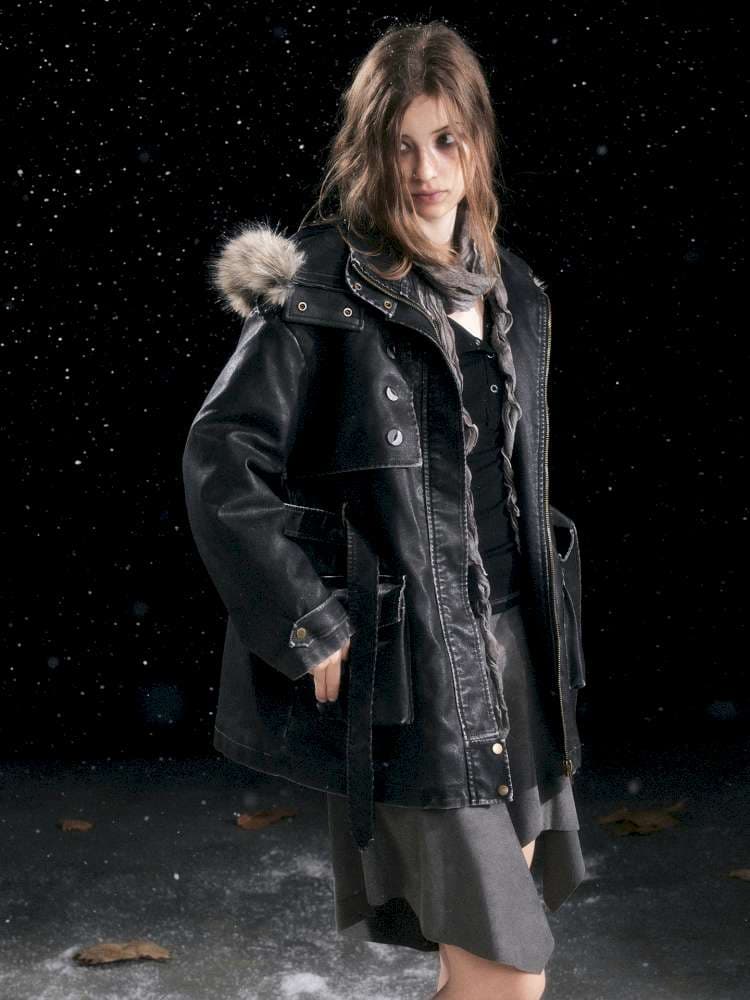 Heavy Industry Fur Collar Distressed Hooded Coat - view 2