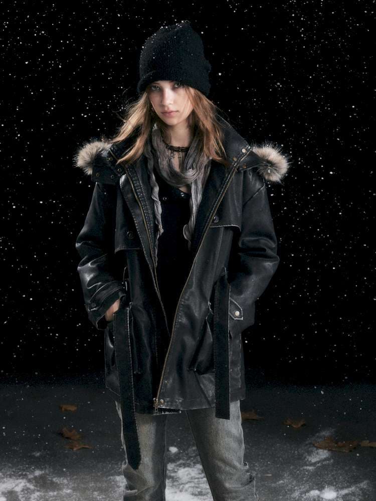 Heavy Industry Fur Collar Distressed Hooded Coat - view 3