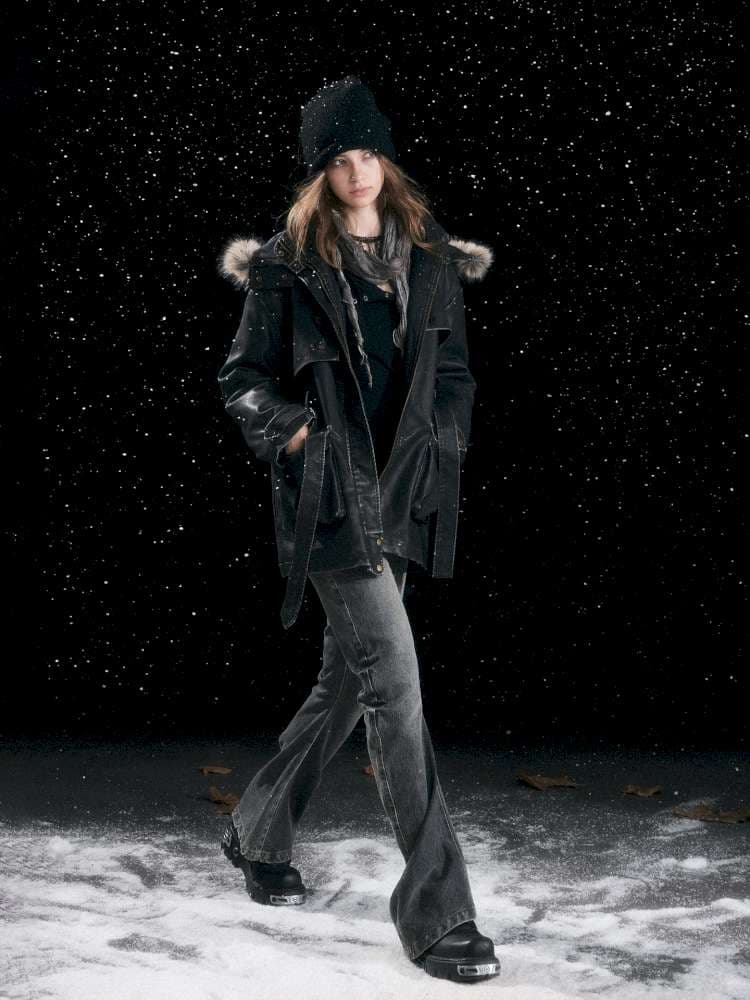 Heavy Industry Fur Collar Distressed Hooded Coat - view 4