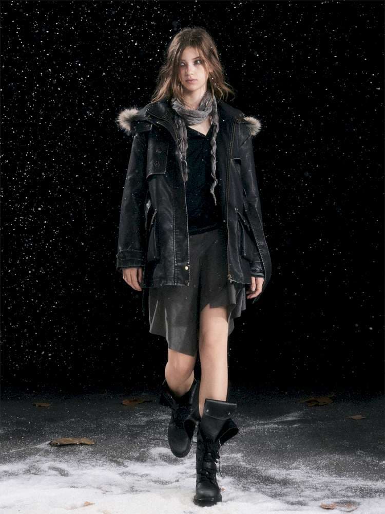 Heavy Industry Fur Collar Distressed Hooded Coat - view 5