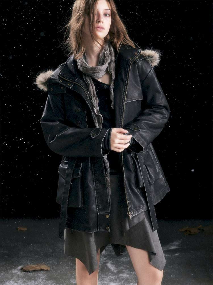 Heavy Industry Fur Collar Distressed Hooded Coat - view 6