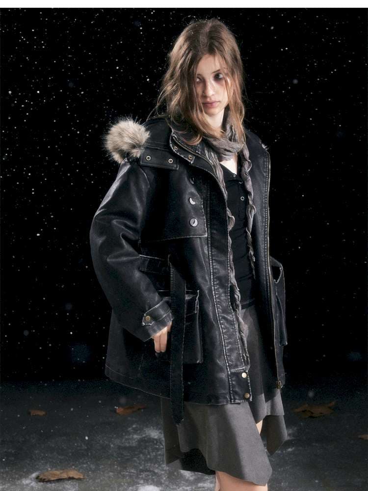 Heavy Industry Fur Collar Distressed Hooded Coat - view 7