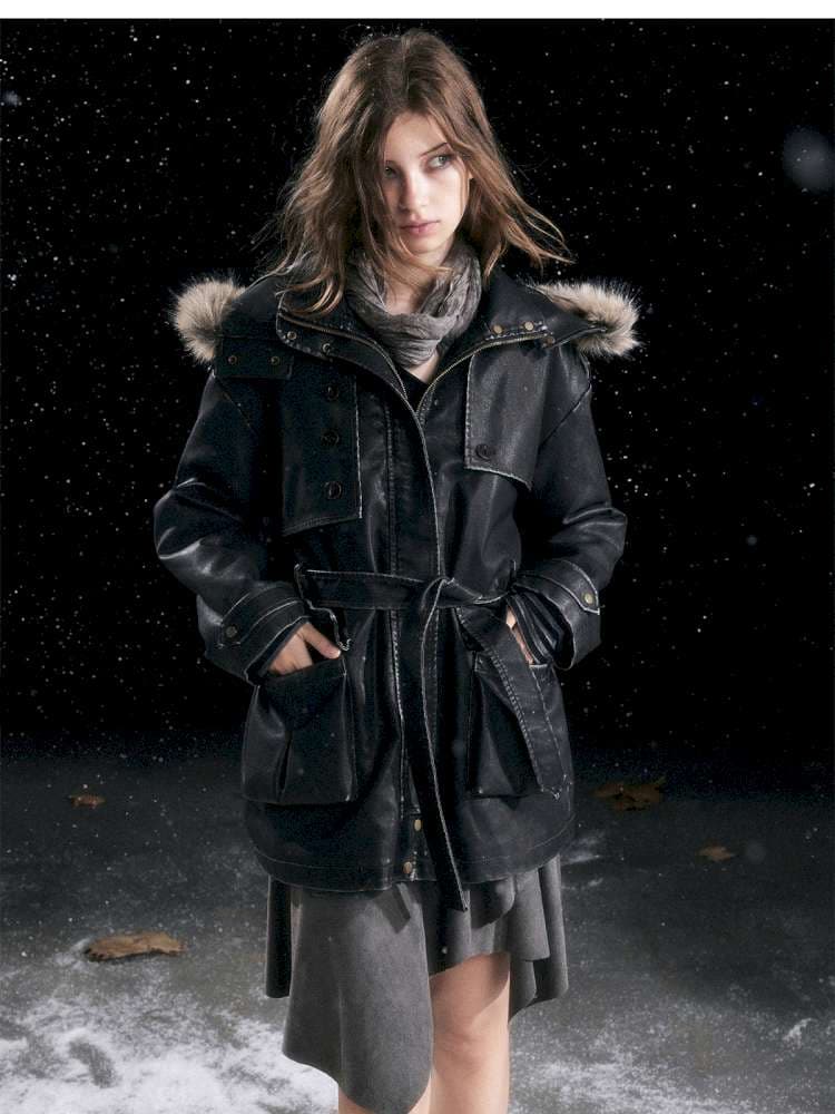 Heavy Industry Fur Collar Distressed Hooded Coat - view 8