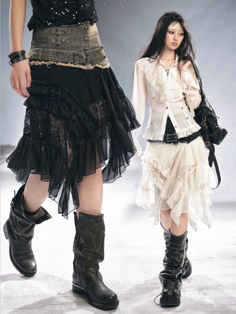 Lace Patchwork Irregular Mesh Skirt - view 1