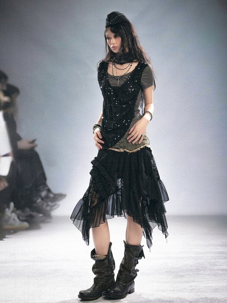 Lace Patchwork Irregular Mesh Skirt - view 3