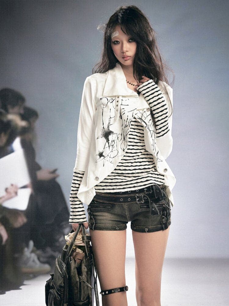 Layered Patchwork Striped Cardigan - view 2