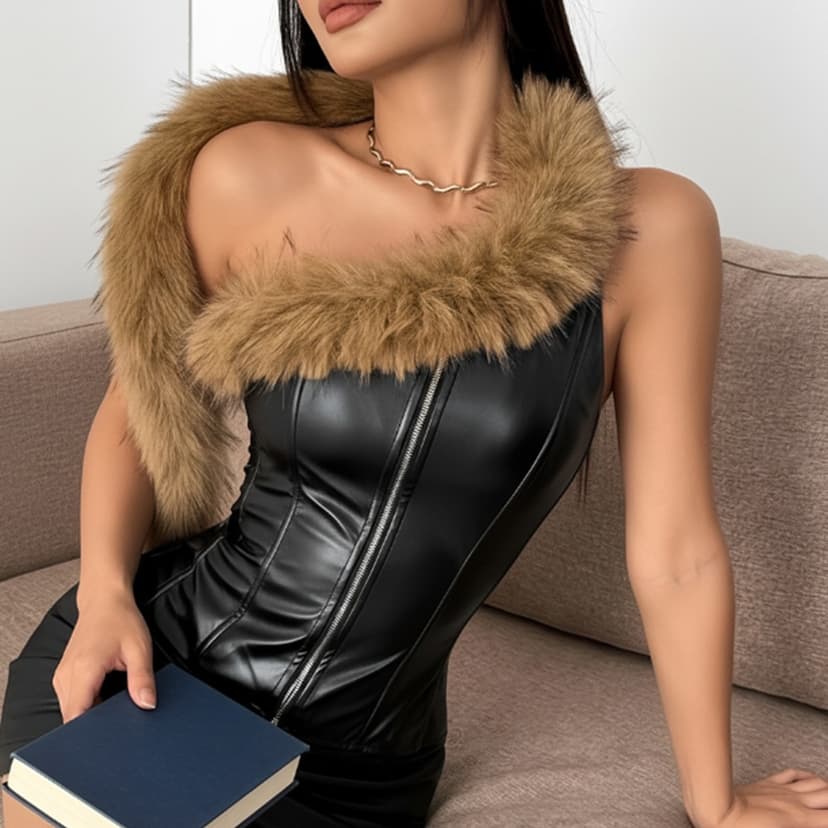 Close seated torso view showing the front zipper and faux-fur collar detail on the black corset-style top.